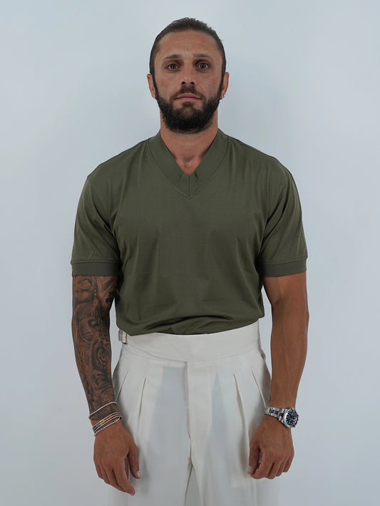 T-Shirt in Filo di Scozia | Scollo a V| Verde Militare