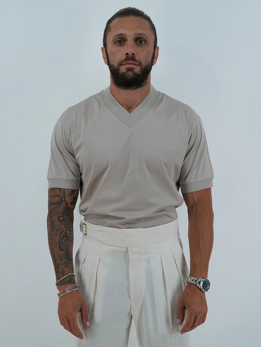 T-Shirt in Filo di Scozia | Scollo a V| Sabbia