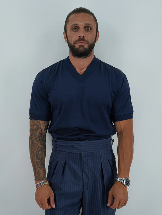 T-Shirt in Filo di Scozia | Scollo a V| Blu