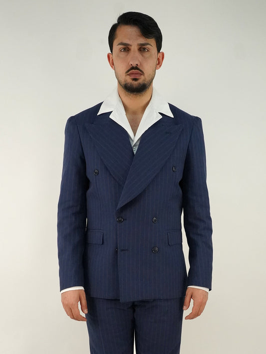 Abito Extensive doppiopetto petto a lancia blu gessato rigo marrone