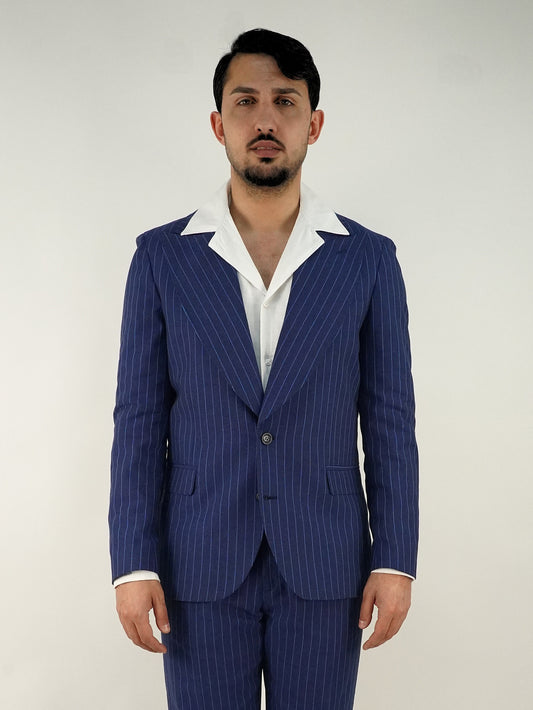 Abito Extensive monopetto petto a lancia blu gessato rigo azzurro