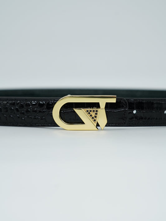 Cintura GT reversibile 2,5cm in pelle di vitello primo fiore stampa cocco nera/verde con fibbia oro lucido