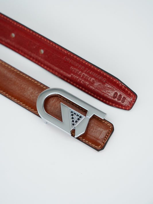 Cintura GT reversibile 2,5cm in pelle di vitello primo fiore tamponato a mano cuoio/rosso Inglese con fibbia argento