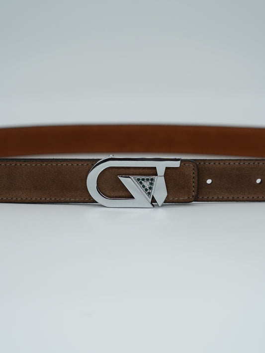 Cintura GT reversibile 2,5cm in pelle scamosciata di vitello primo fiore fango/bruciato con fibbia argento