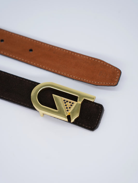 Cintura GT reversibile 2,5cm in pelle scamosciata di vitello primo fiore bruciato/testa di moro con fibbia oro lucido