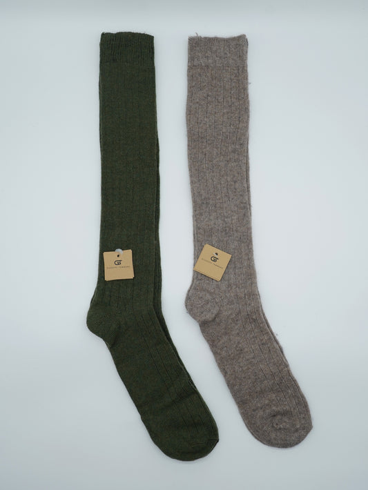 Calze lunghe a costa in misto cashmere verde/beige