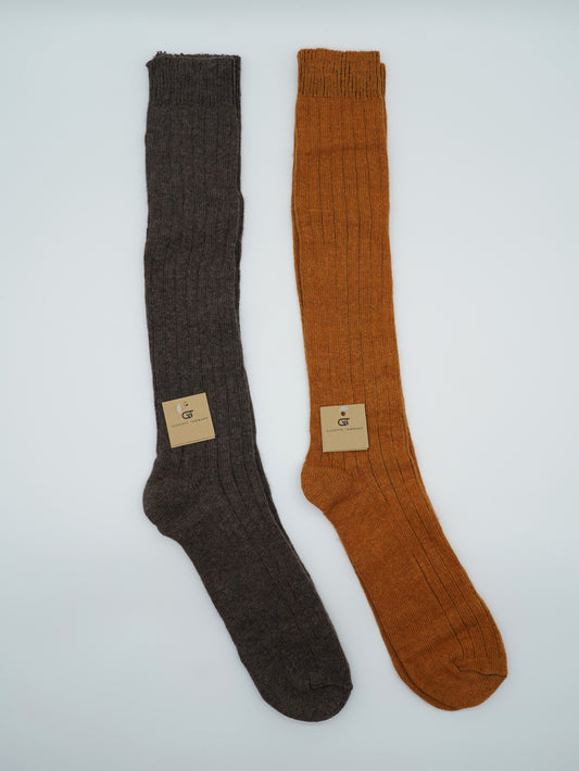 Calze lunghe a costa in misto cashmere tabacco/ocra