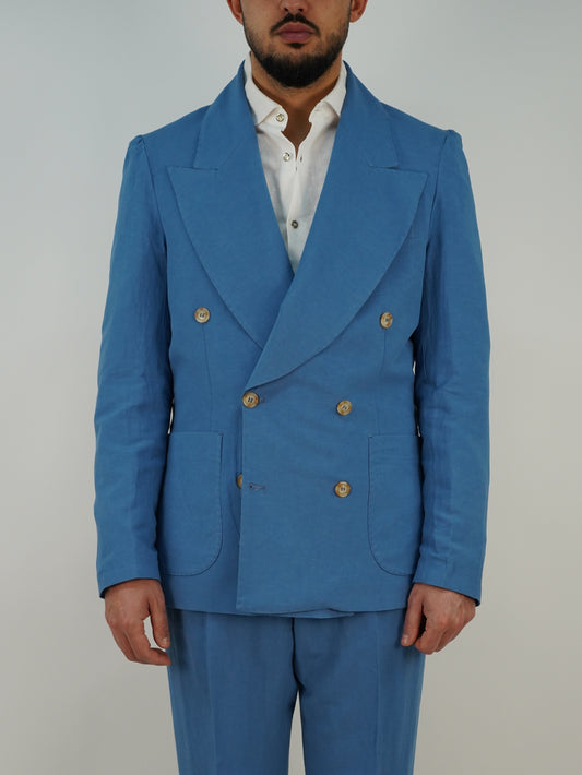 Giacca extensive doppiopetto in lino azzurro