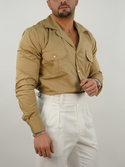 Camicia collo cubano biscotto con tasche