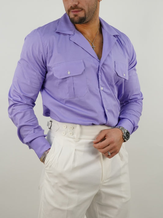 Camicia collo cubano lilla con tasche