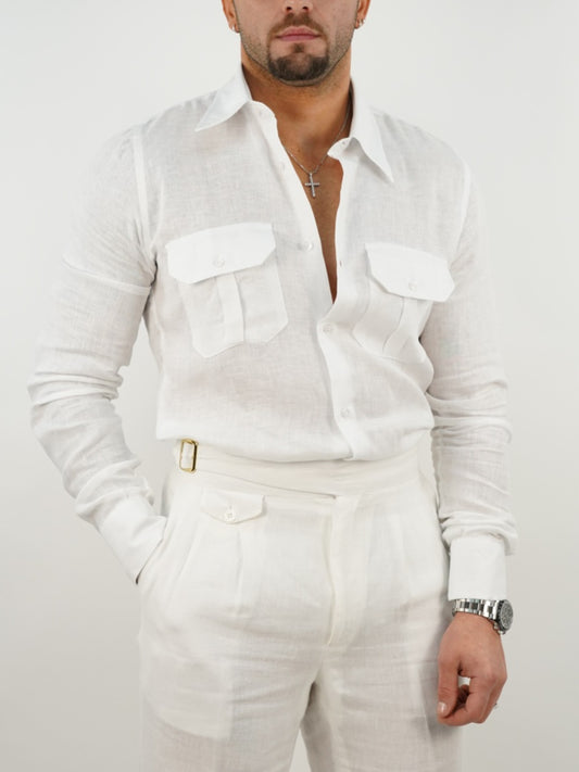 Camicia collo a vela lino bianca con tasche