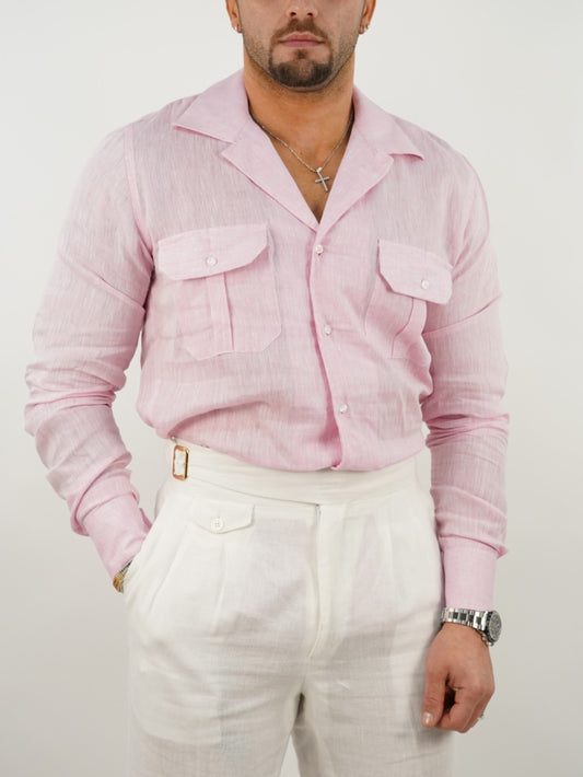 Camicia collo cubano lino rosa con tasche
