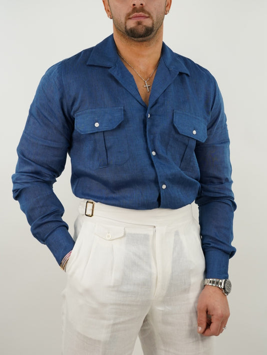 Camicia collo cubano lino blu con tasche