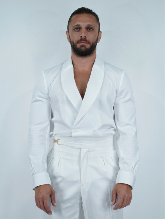 Giacca camicia doppiopetto collo a scialle bianco