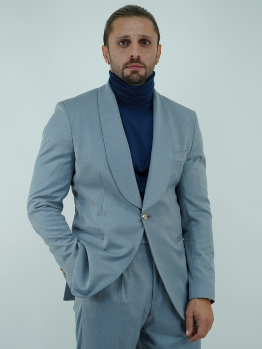 Abito harmonious collo a scialle azzurro polvere con bottoni oro