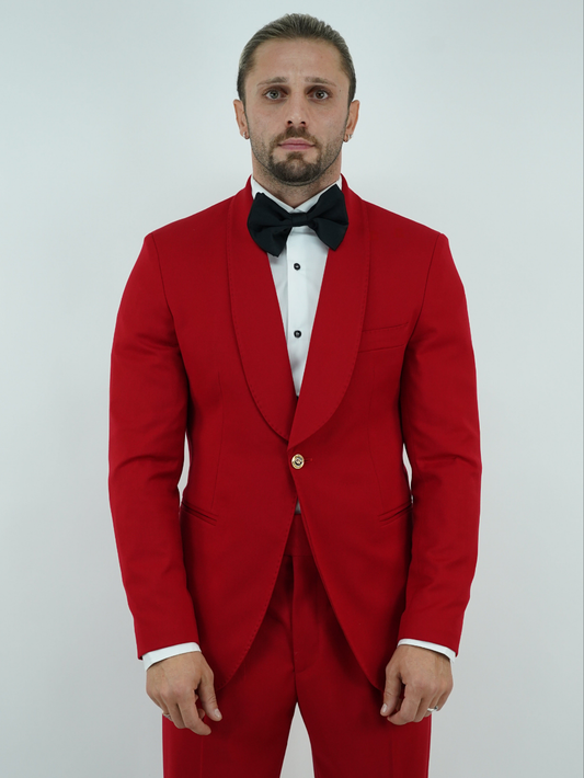 Abito harmonious collo a scialle rosso con bottoni oro