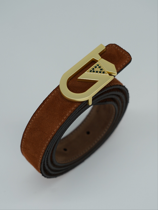 Cintura GT reversibile 2,5cm in pelle scamosciata di vitello primo fiore bruciato/fango con fibbia oro satinato