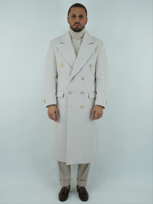Cappotto Raglan Spigato Panna con bottoni oro