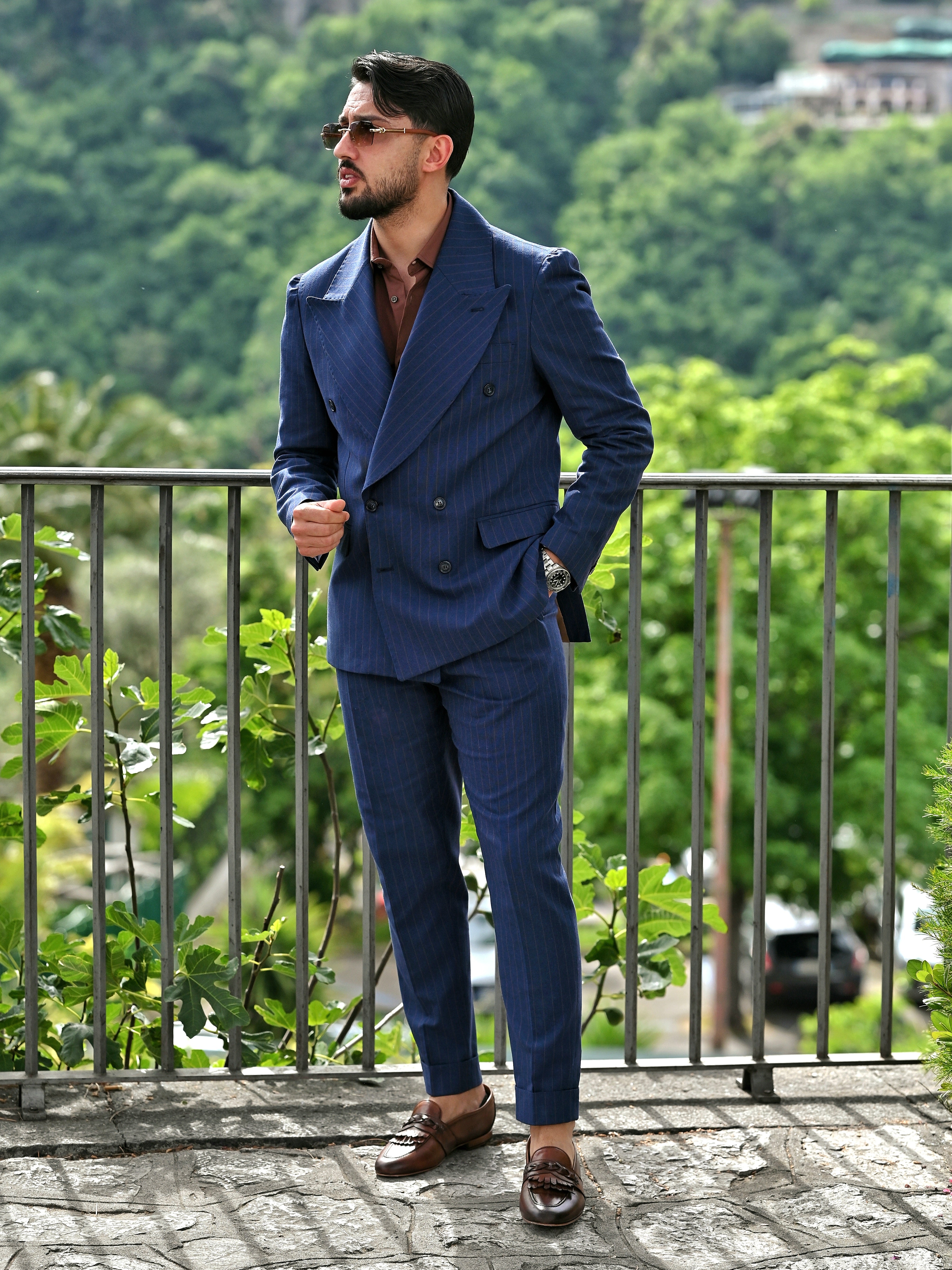 Abito Gessato Giacca Blu Doppiopetto Abito Gessato Blu Cappotto