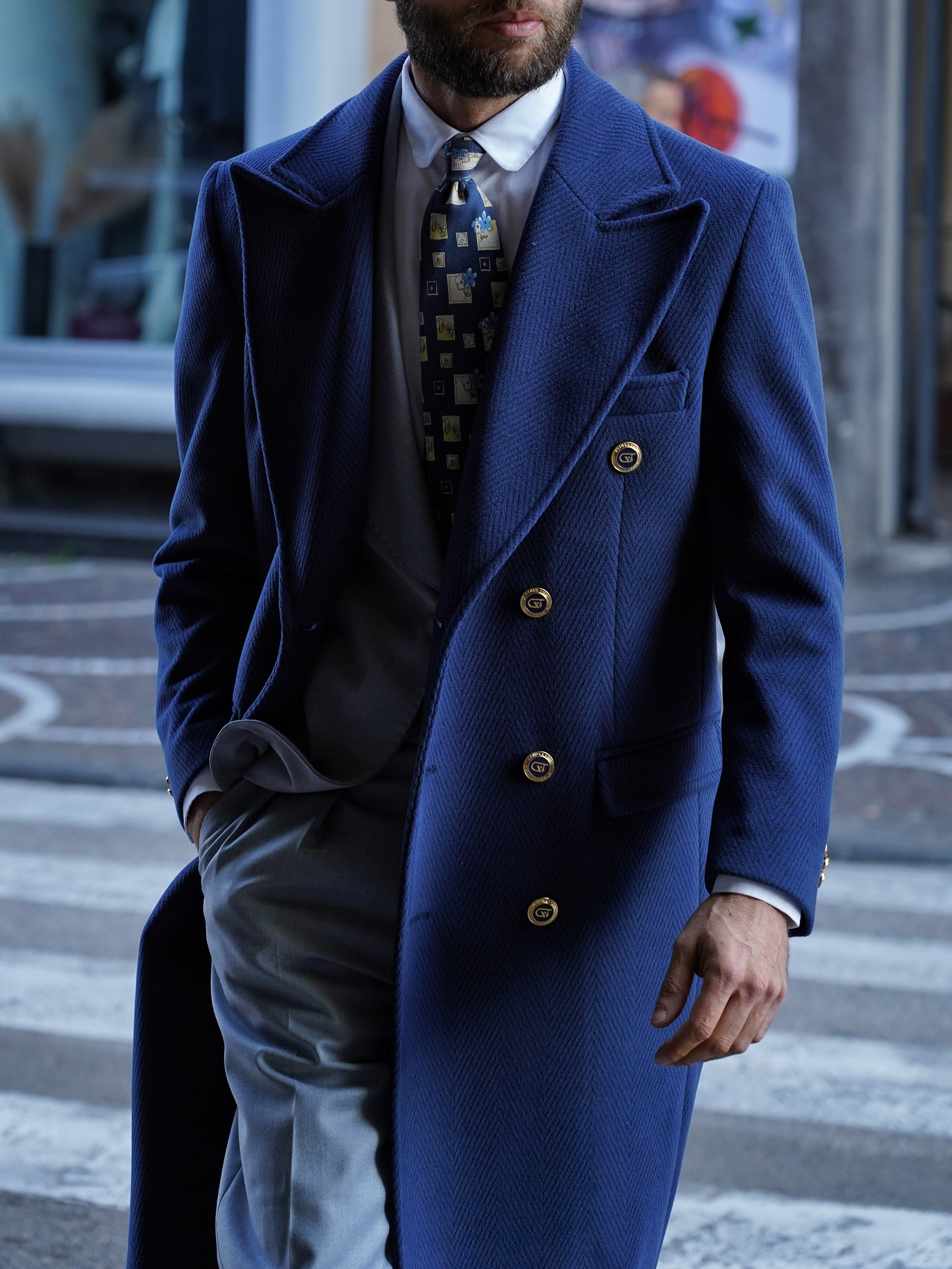 Cappotto Raglan Spigato Zaffiro con bottoni oro