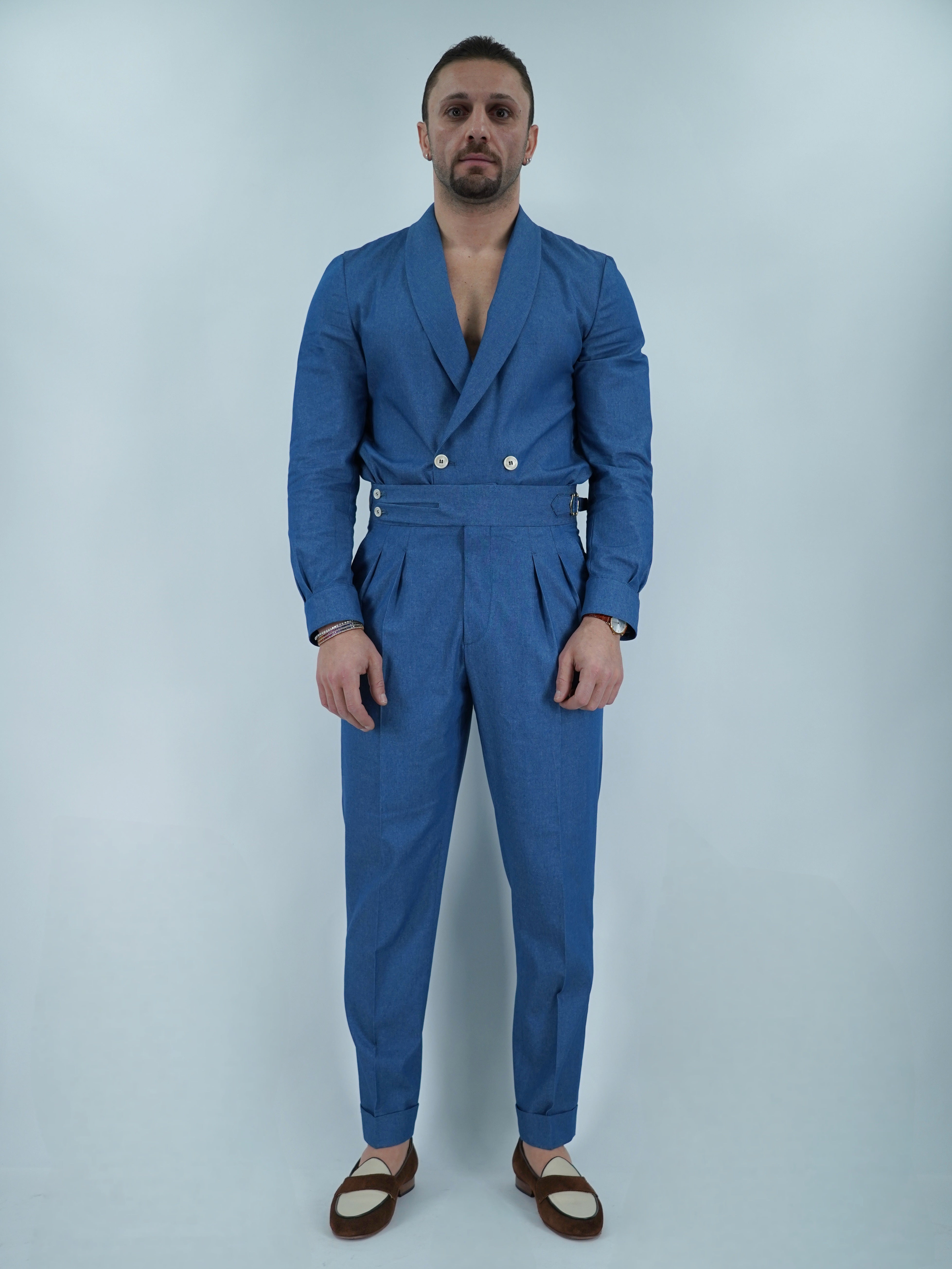 Giacca camicia doppiopetto collo a scialle effetto jeans lavaggio chiaro