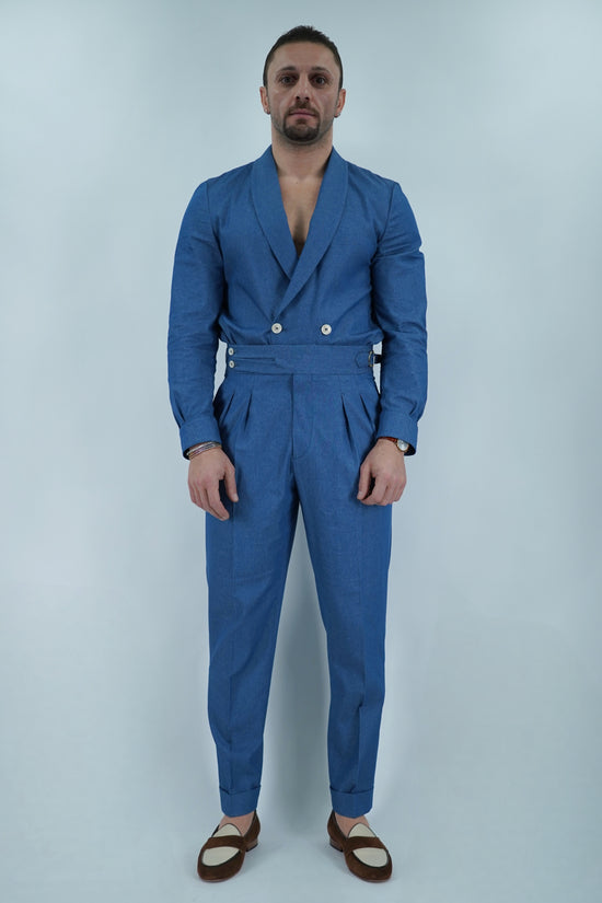 Giacca camicia doppiopetto collo a scialle effetto jeans lavaggio chiaro