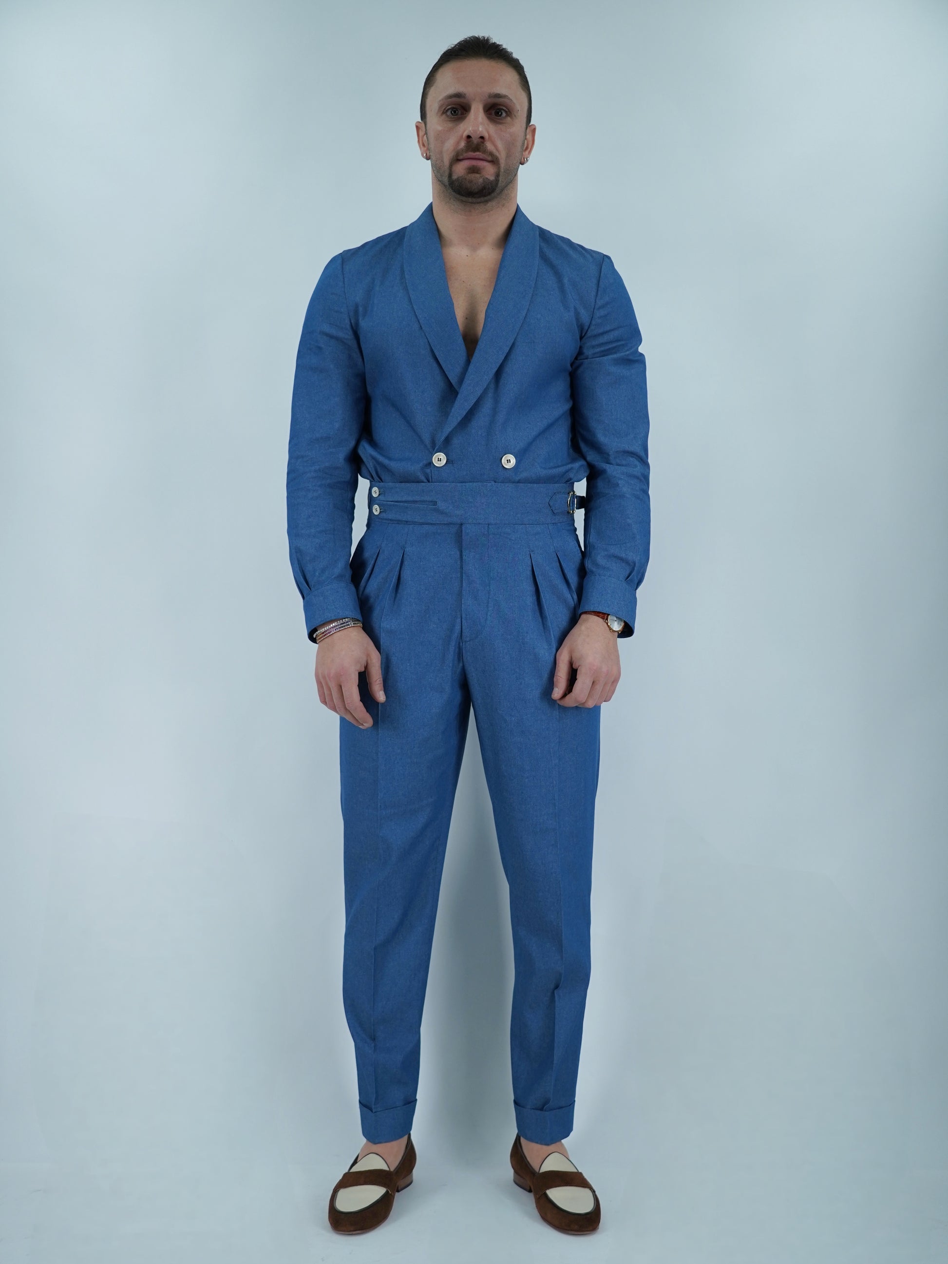 Giacca camicia doppiopetto collo a scialle effetto jeans lavaggio chiaro