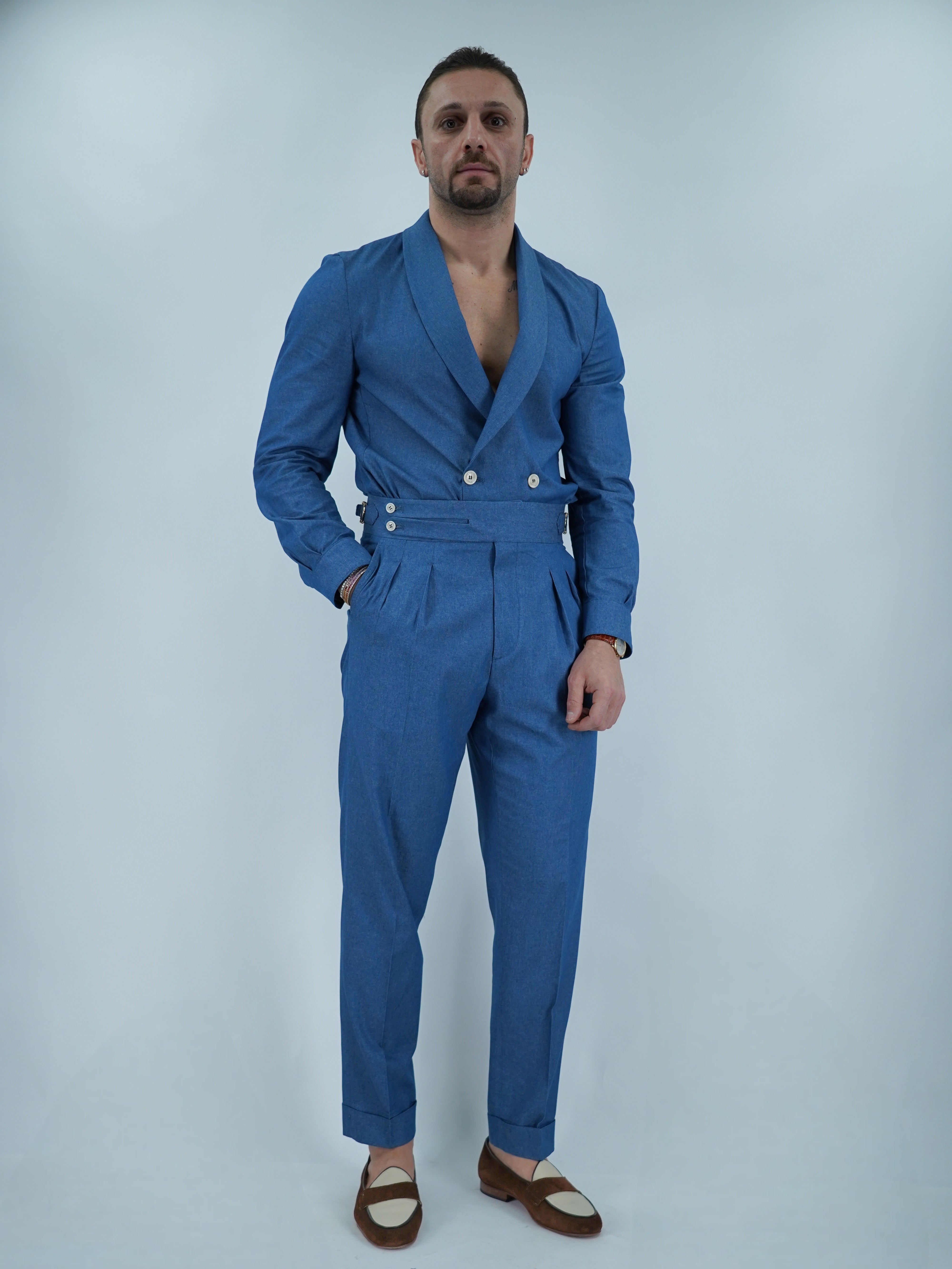 Giacca camicia doppiopetto collo a scialle effetto jeans lavaggio chiaro