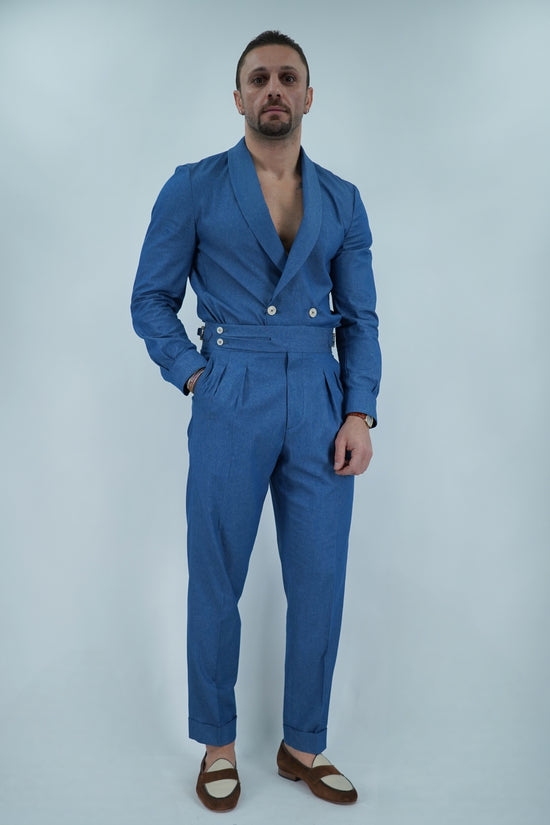 Giacca camicia doppiopetto collo a scialle effetto jeans lavaggio chiaro
