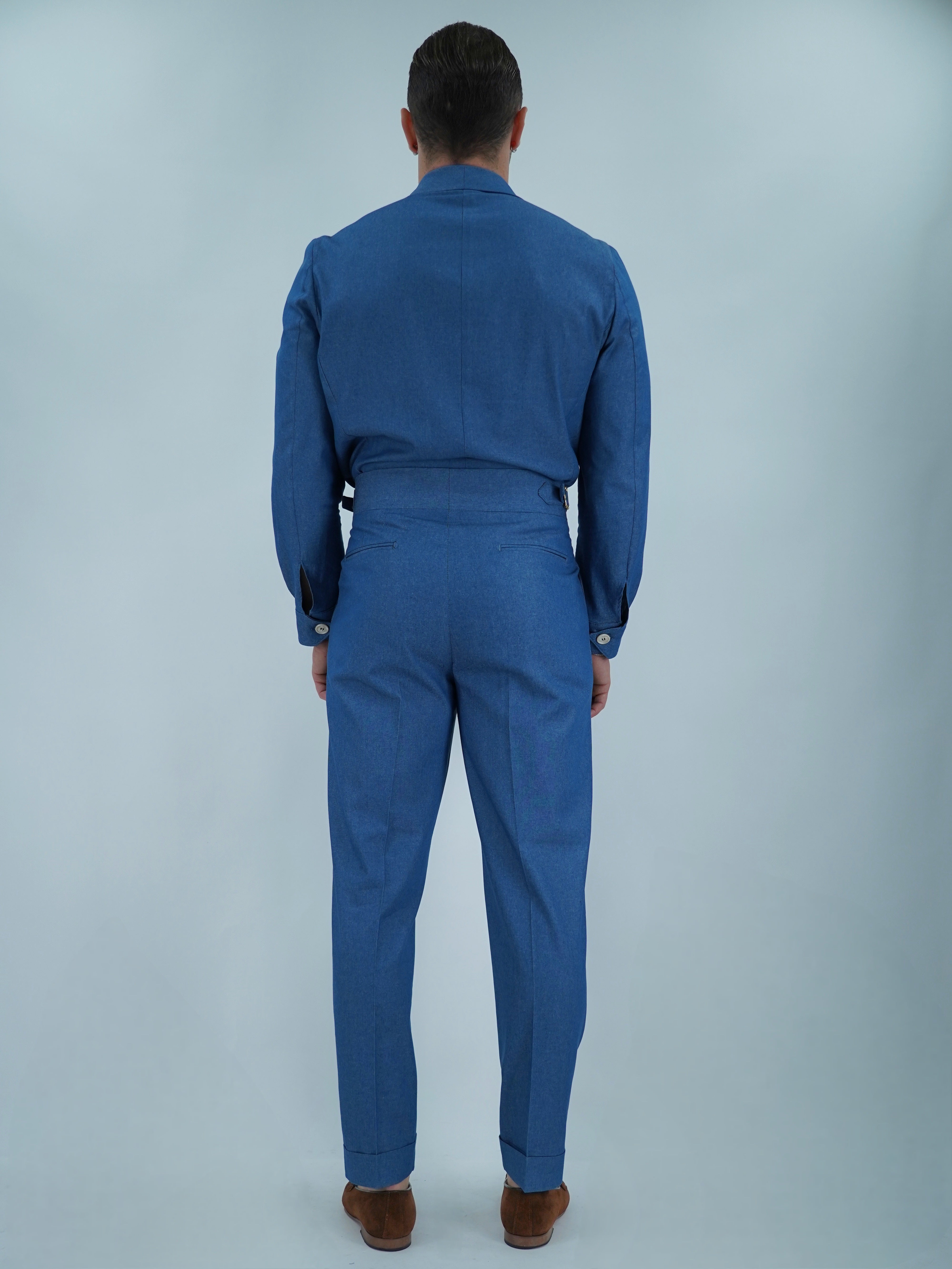 Giacca camicia doppiopetto collo a scialle effetto jeans lavaggio chiaro