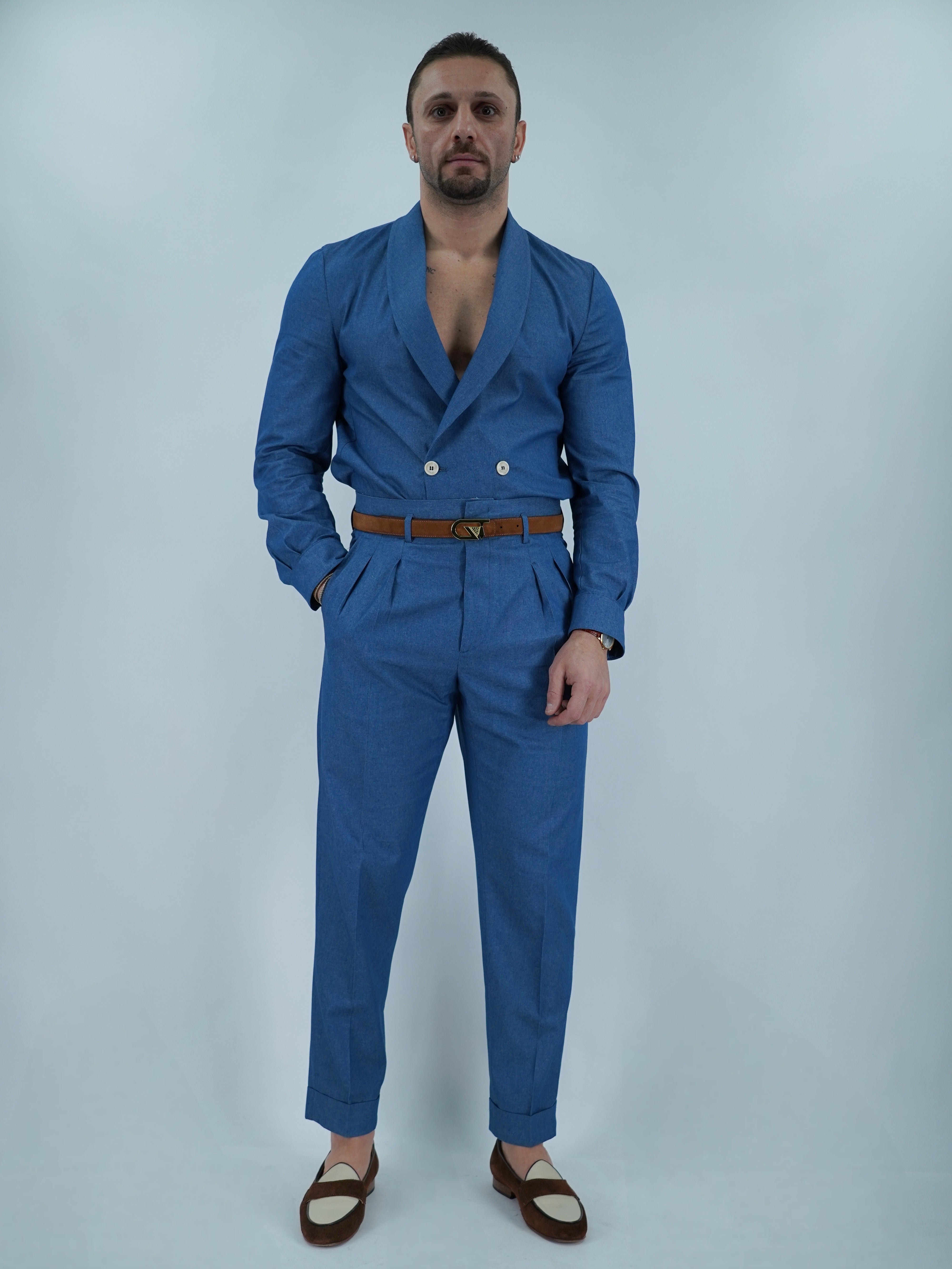 Giacca camicia doppiopetto collo a scialle effetto jeans lavaggio chiaro
