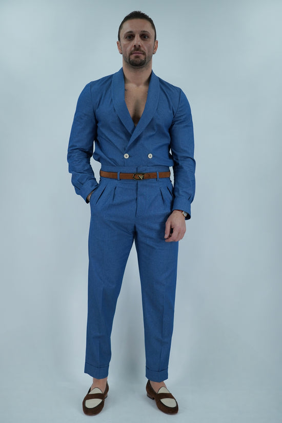 Giacca camicia doppiopetto collo a scialle effetto jeans lavaggio chiaro