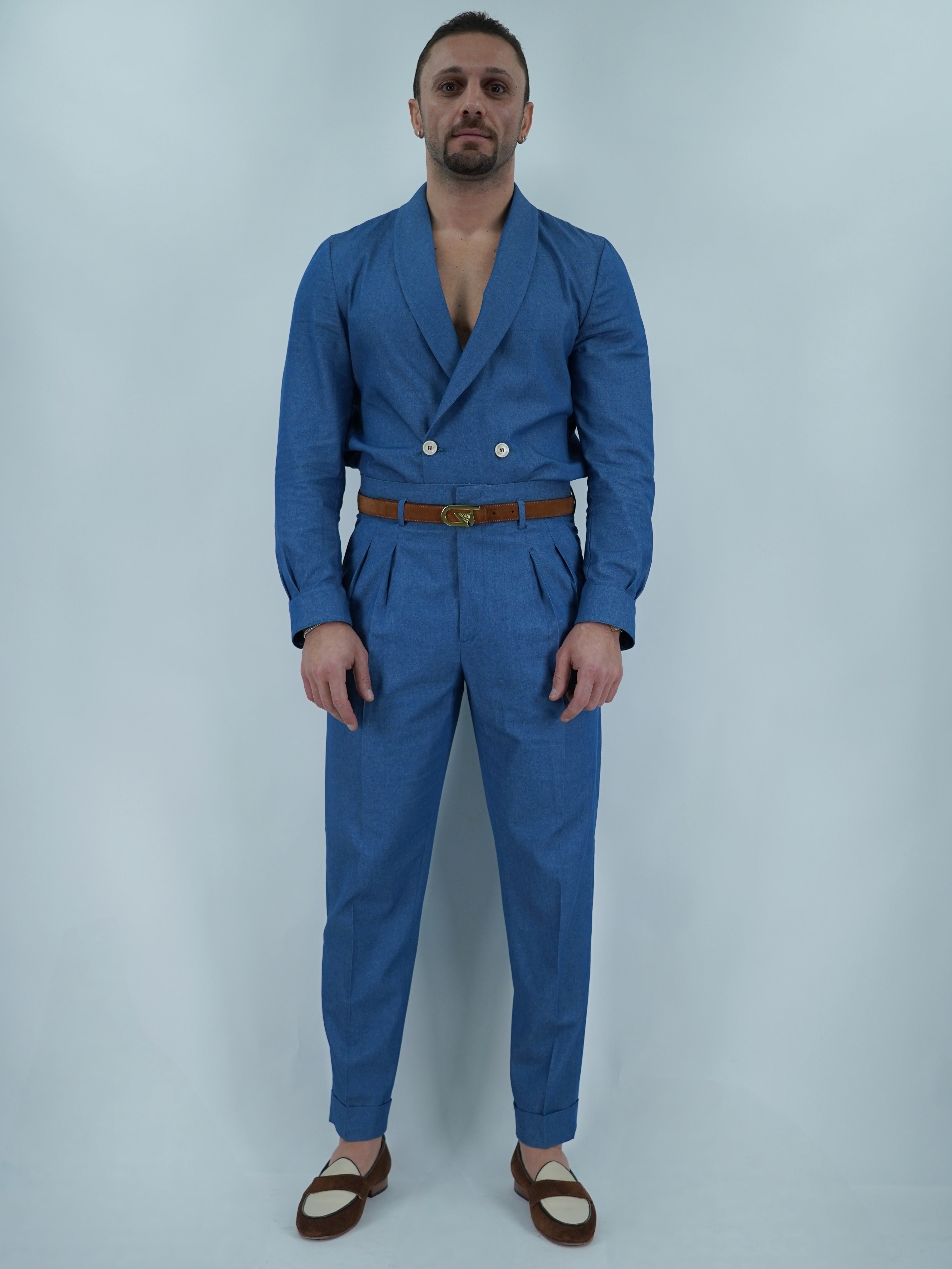 Giacca camicia doppiopetto collo a scialle effetto jeans lavaggio chiaro