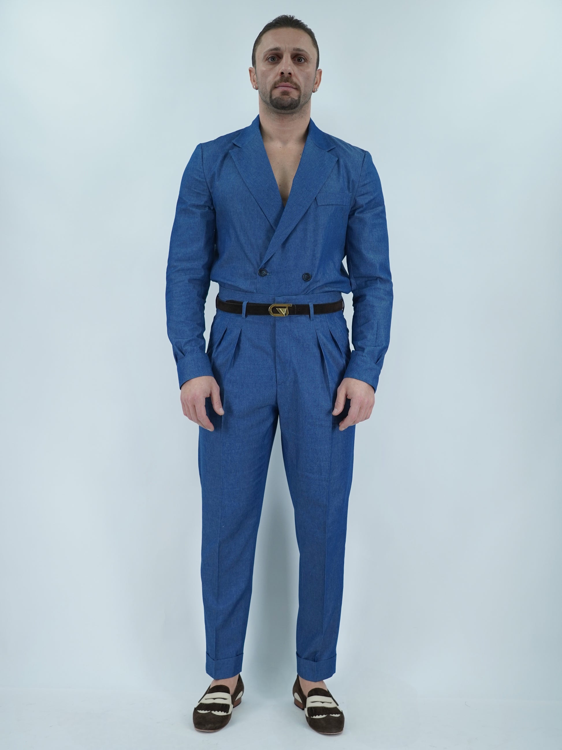 Giacca camicia doppiopetto petto napoli effetto jeans lavaggio scuro