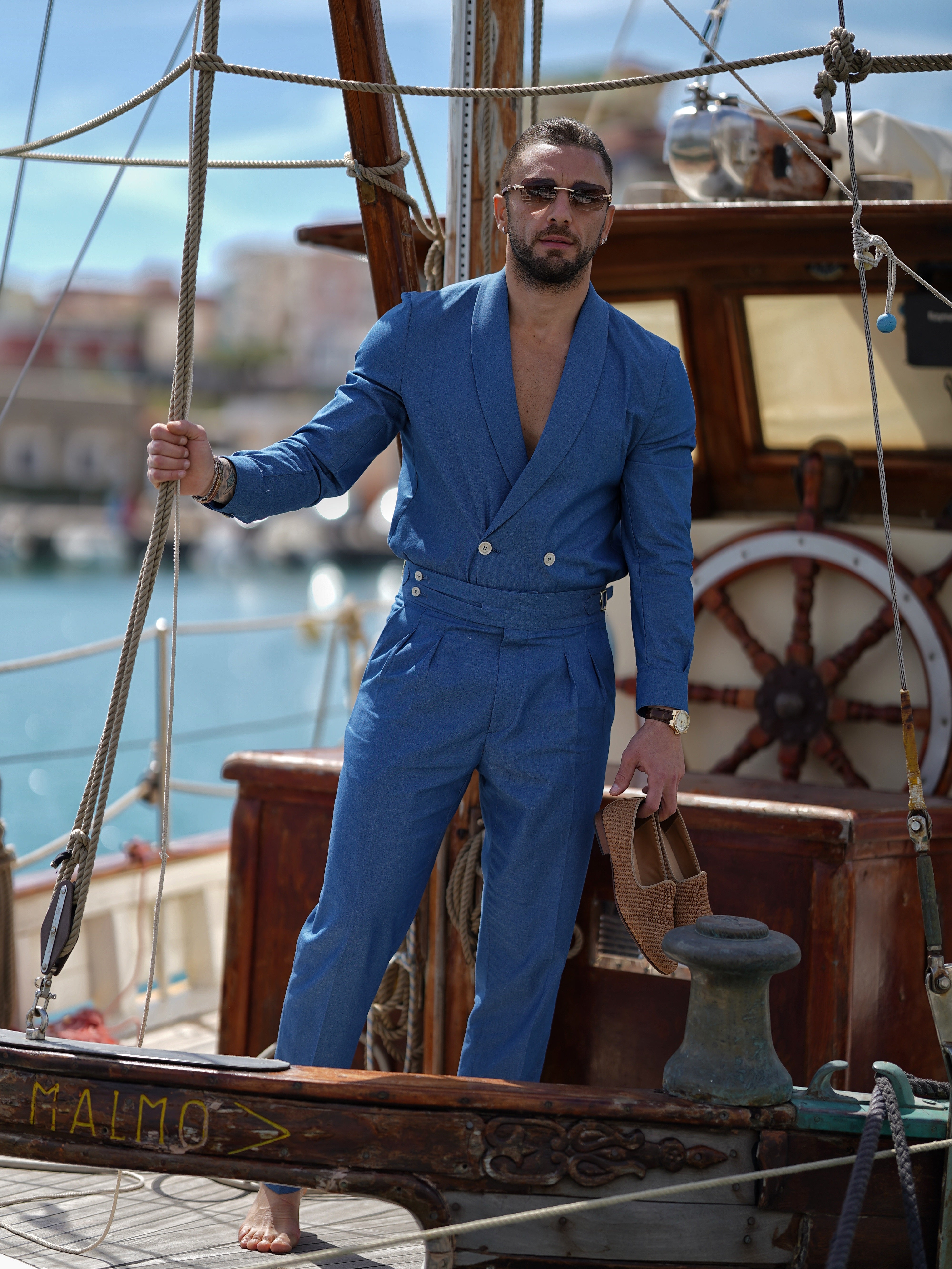 Giacca camicia doppiopetto collo a scialle effetto jeans lavaggio chiaro