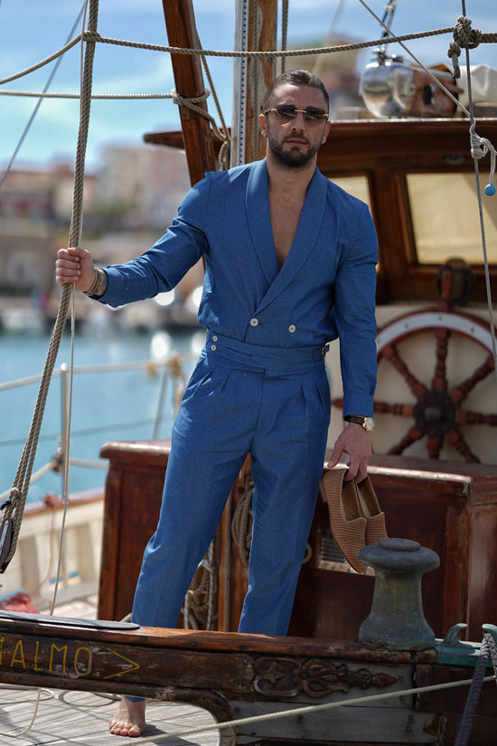 Giacca camicia doppiopetto collo a scialle effetto jeans lavaggio chiaro
