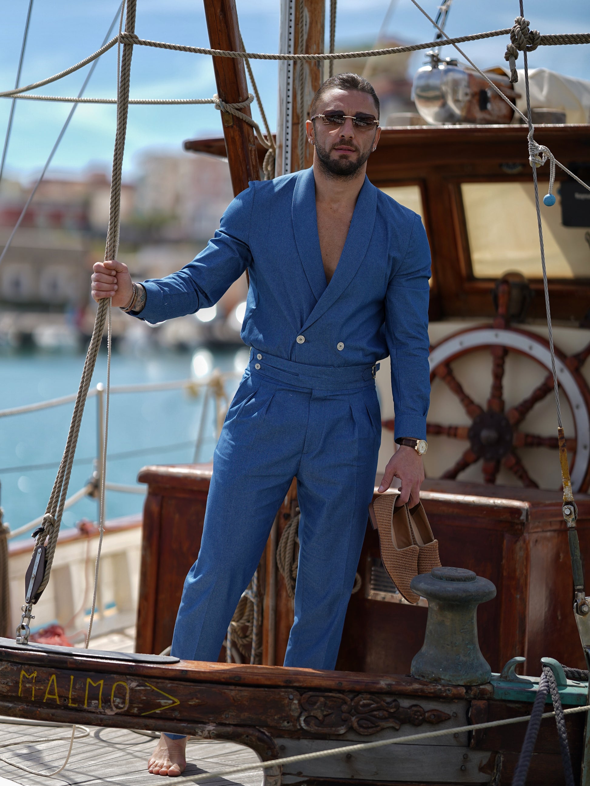 Giacca camicia doppiopetto collo a scialle effetto jeans lavaggio chiaro