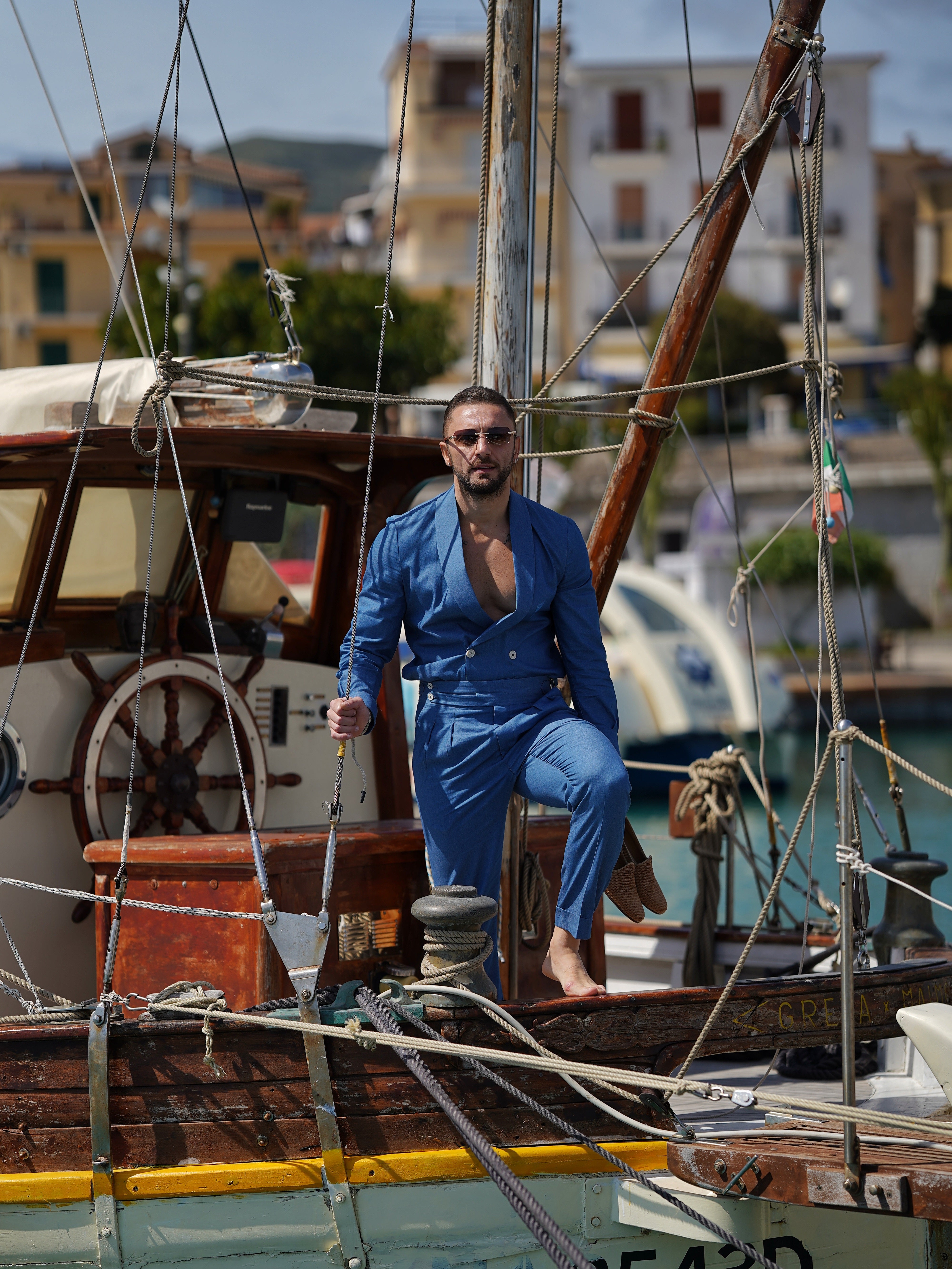 Giacca camicia doppiopetto collo a scialle effetto jeans lavaggio chiaro