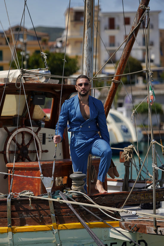 Giacca camicia doppiopetto collo a scialle effetto jeans lavaggio chiaro