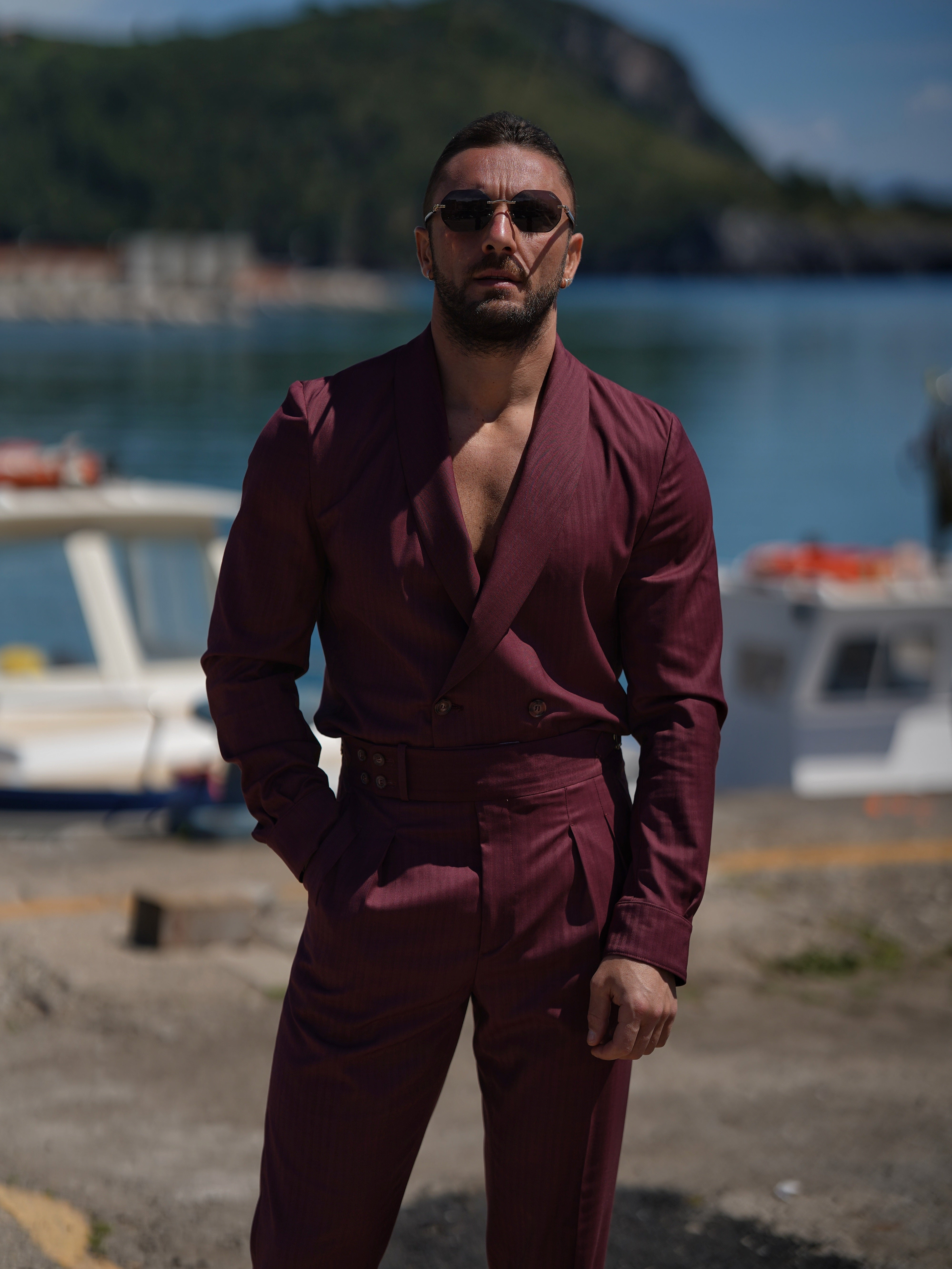 Giacca camicia doppiopetto collo a scialle rubino