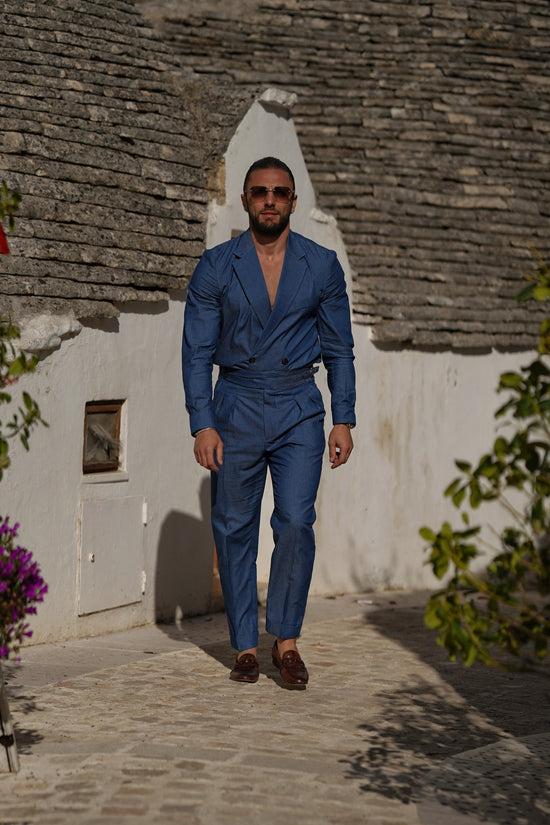 Giacca camicia doppiopetto petto napoli effetto jeans lavaggio scuro