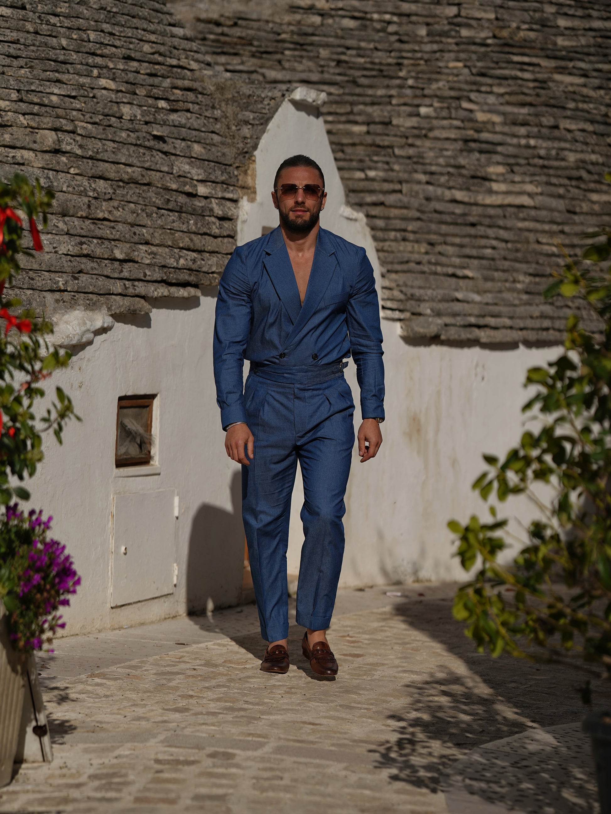 Giacca camicia doppiopetto petto napoli effetto jeans lavaggio scuro