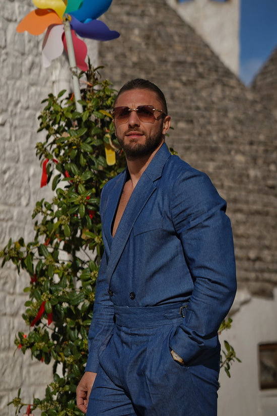 Giacca camicia doppiopetto petto napoli effetto jeans lavaggio scuro