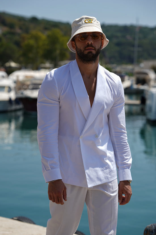 Giacca camicia doppiopetto collo a scialle bianco