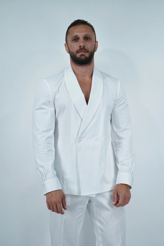 Giacca camicia doppiopetto collo a scialle bianco