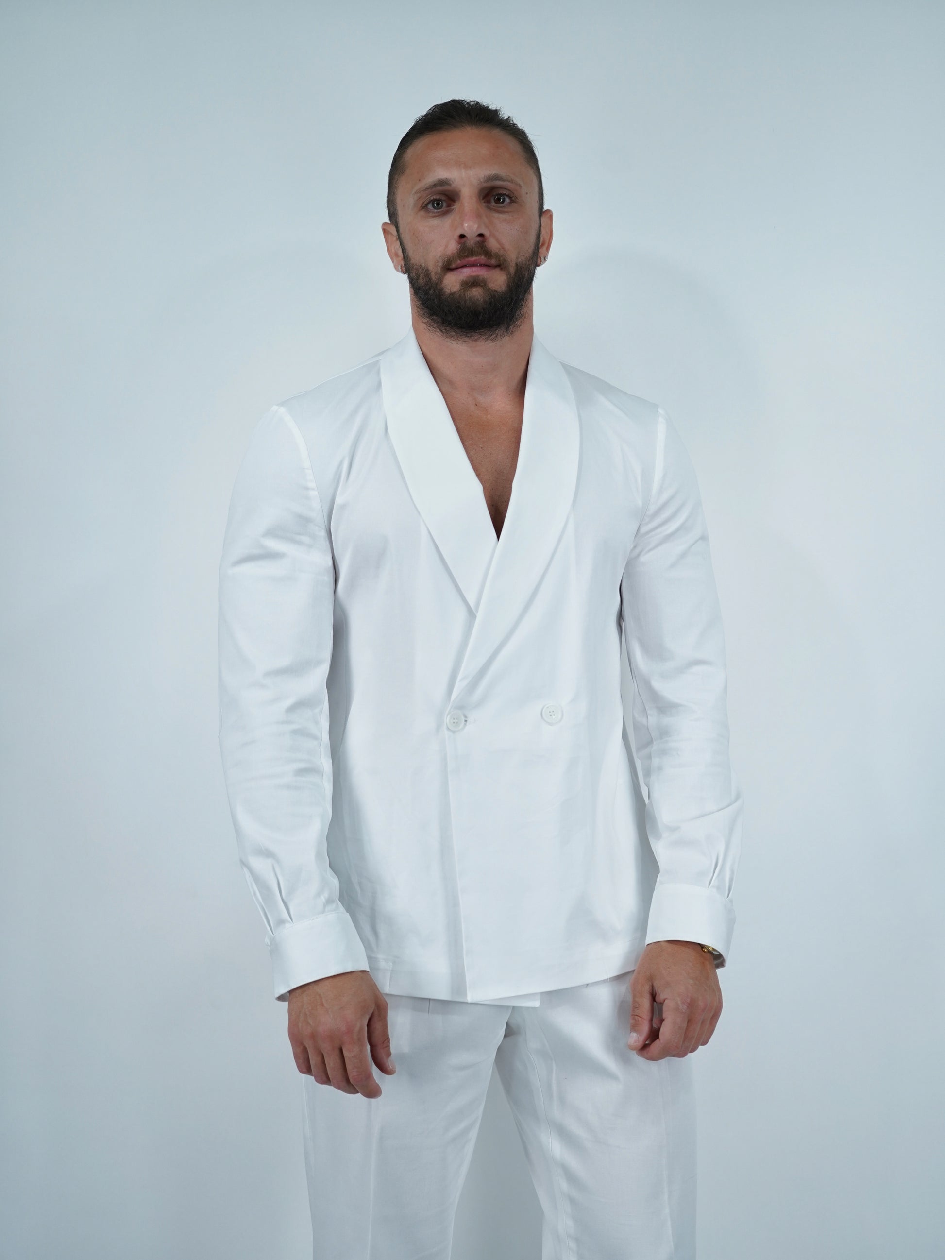 Giacca camicia doppiopetto collo a scialle bianco