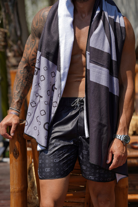 Shorts da mare monogram fondo nero stampa grigia, tessuto anti goccia idrorepellente