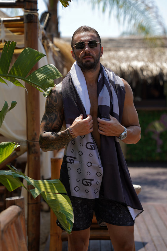 Telo mare monogram 180x90cm in microfibra nero/grigio