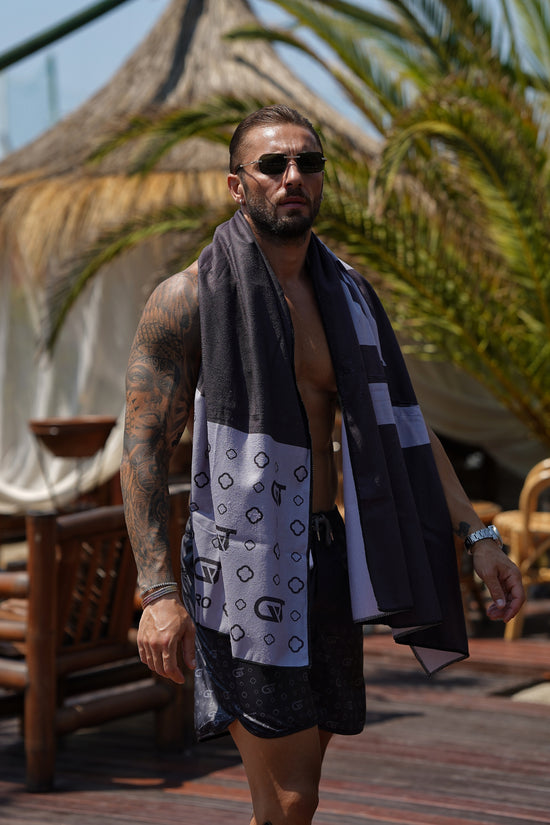 Telo mare monogram 180x90cm in microfibra nero/grigio