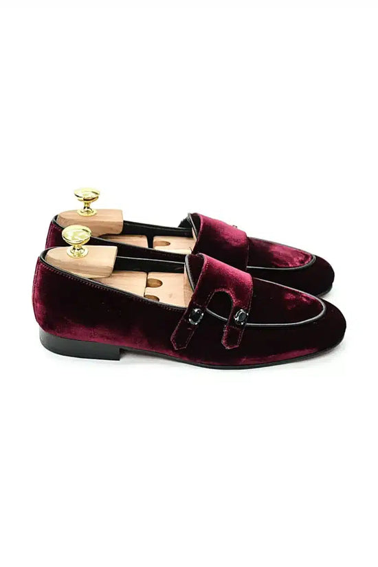 Mocassini doppia fibbia Velluto Bordeaux con applicazioni in pietra